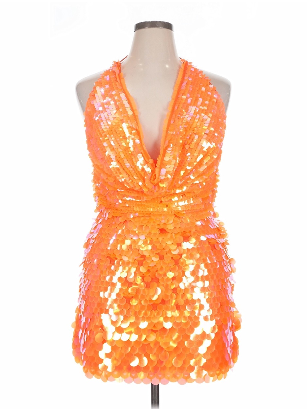 Fashion Nova Neon Orange Sequin Halter Mini Dress